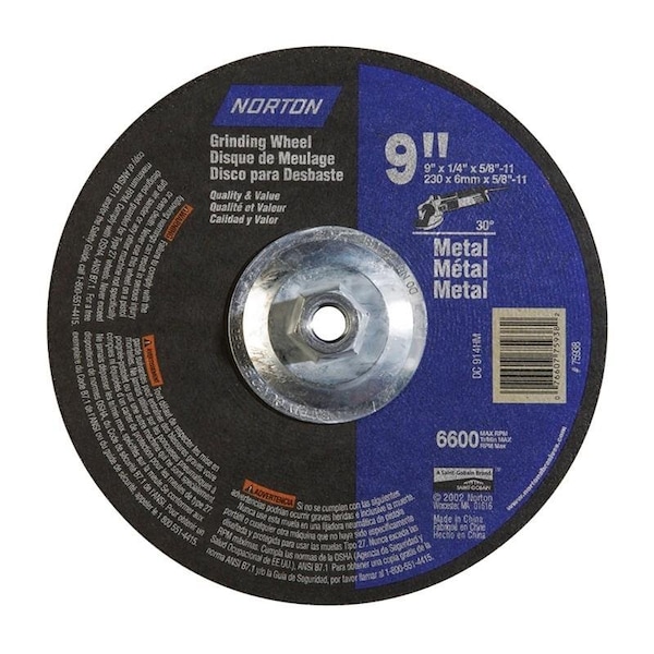 Norton Co Grinding Wheel, Depressed Center, Type 27- Metal - Aluminum Oxide, 9 x 1/4 x 5/8-11, Max RPM: 6600 076607-75938 - main